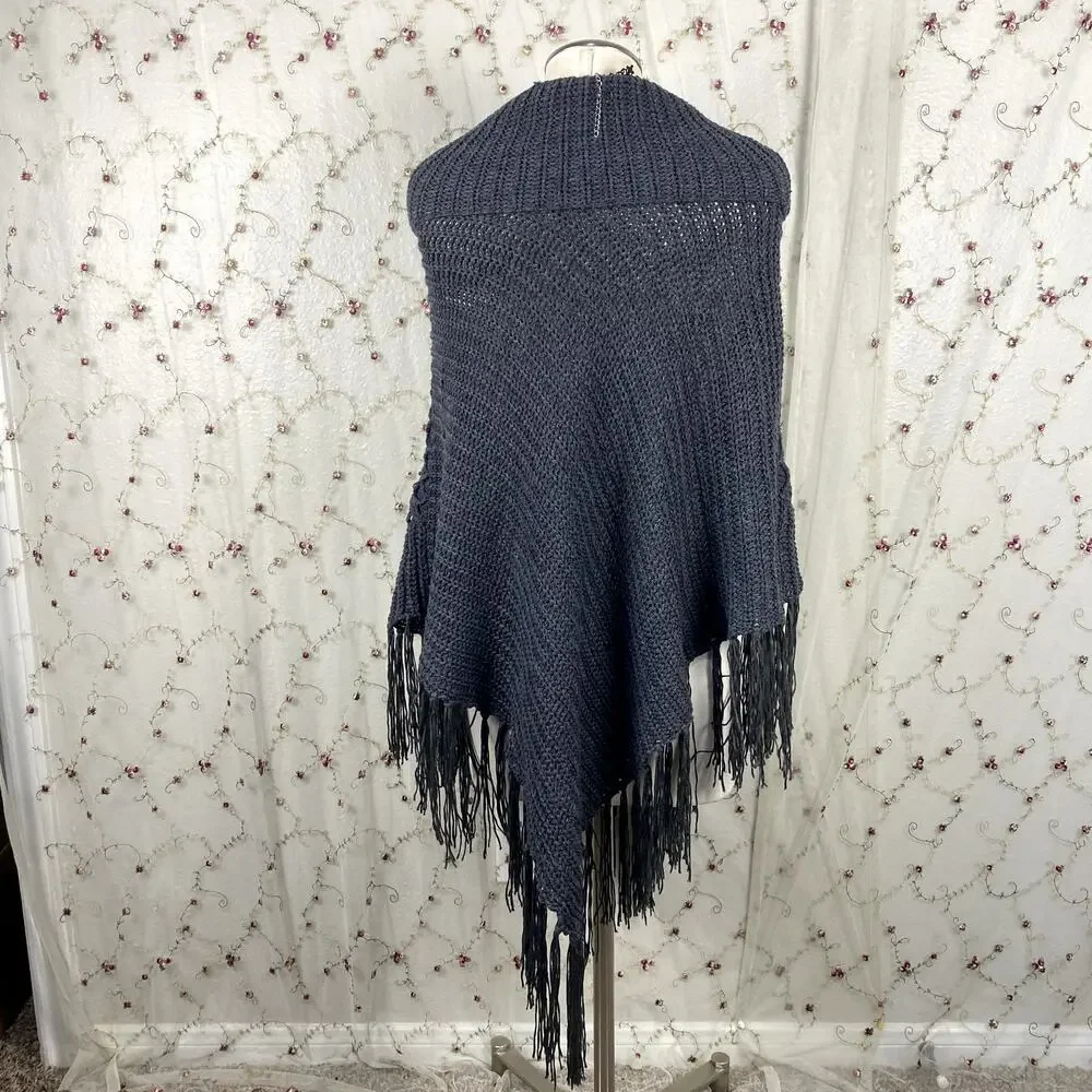 The Classic Gray Knit Tassel Fold Over Neckline Boho Hippie Earthy Poncho Shawl‎